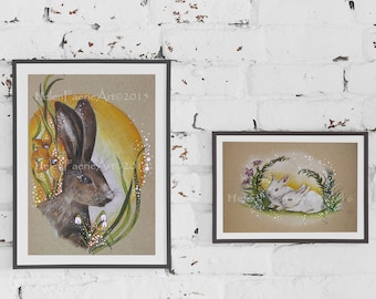 Brown Hare Art Print - Bunny Rabbits Poster Decor - Woodland Animals - Wildlife Lover - Illustration Art - Greeting Card - Ready to Frame