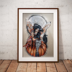 Hallows Eve Fairy Wall Print - Samhain Season - Pagan Witch - Gothic Poster Decor - Black Cat Lover - Spirit Crows - Illustrated Art Work
