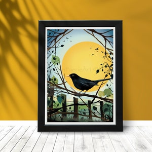 Blackbird Nature Art Print Bird Song Chorus Garden Wildlife Wall Decor Sun Symbolism Illustration Unframed Digital Drawing Poster image 2