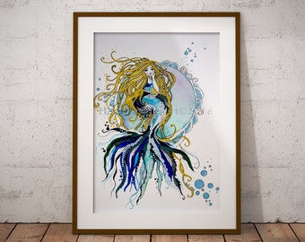 Blue Mermaid Art Print - Greeting Cards - Illustrated Poster - Ready To Frame - Ocean Sea Lover - Mermaid Mythology - Home Bathroom Decor