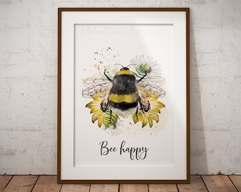 Bee Happy Bumblebee Art Print - Wildlife Insect Decor - Floral Illustration - Ready to Frame - Motivational Words - Baby Nursery Wall Poster