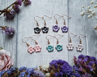 Flower Enamel Earrings - Floral Botanical Jewellery - Pink Rose Quartz - Gold Drop Dangle - Dainty Accessories - Everyday Wear - Small Gift