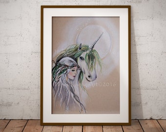 Unicorn Fairy Wall Art Poster - Fantasy Art - Mythical Creatures - Nursery Print - Greeting Card - Stationary Lover - All Occasion Cards