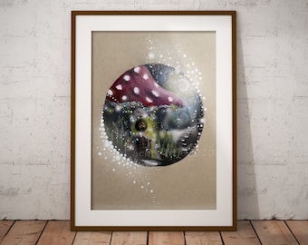 Fairy Fly Agaric Mushrooms Art Print - Toadstool Greeting Card - Fine Art Poster - Magical Nursery Print - Woodland Decor - Fantasy Art