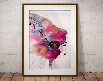 Feminine Watercolour Art Print - Free As A Bird - Ready to Frame - Home Wall Hanging - Living Room Decor - Giclee Poster - Minimalist Art