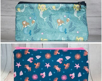 Mermaid Pencil Case - Under The Sea - Seahorse Charms - Ocean Creatures - Beach Lover Gift - Make up Bag - Zipper Purse - Handmade Fabric