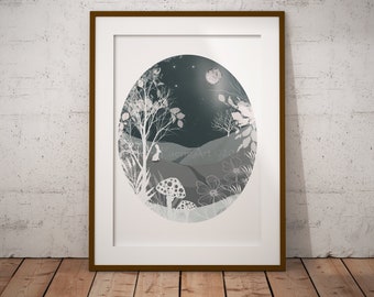 Hare Moon Gazing Art Print - Silhouette Landscape - Wildlife Wall Decor - Animal Illustration - Ready Frame Poster - Grey Nursery Monochrome