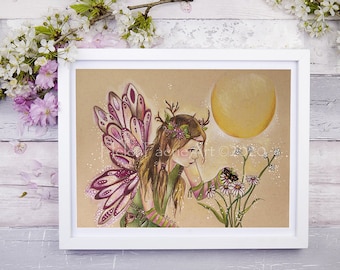 Flower Fairy Art Print - Pink Floral Garden - Fantasy Poster - Nursery Decor - Ready To Frame - Blank Greeting Card - Faery Illustration
