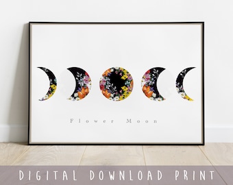 Moon Phases Digital Print - Triple Moon Goddess - Instant Download - Lunar Celestial Home Decor - Moon Witch Symbol - Nursery Flowers Poster