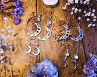Lunar Moon Phases - Goddess Silver Earrings - Opalite Crystal Jewellery - Crescent Waxing Waning Luna - Pagan Wiccan - Faery Moon Child