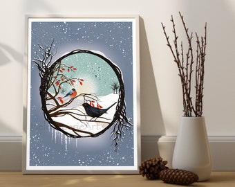 Winter Land Art Print - Blackbird Bullfinch Bird - Garden Wildlife Wall Decor - Nature Illustration - Unframed - Digital Drawing Poster