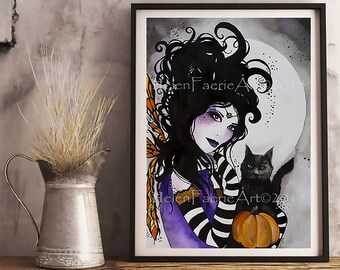 Gothic Fairy Wall Art - Samhain Witch - Black Cat Lover - Home Decor - Greeting Occasion Card - Purple Goth Gifts - Illustrated Art Work