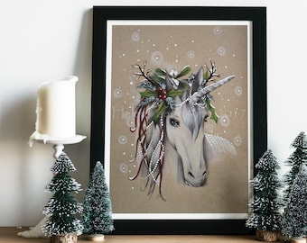 Yule Unicorn Art Print - Yuletide Christmas Poster - Mythical Creatures - Holly Ivy Home Decor - Seasons Greetings - Holiday Blank Cards -