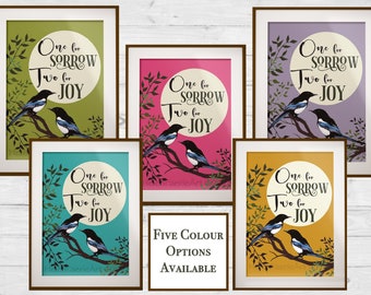 Magpie Bird Illustration Art Print - Two For Joy - One For Sorrow - Typography Home Decor - Wildlife Unframed - Nursery Rhyme Wall Poster