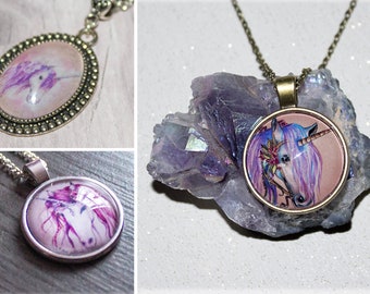 Unicorn Art Faery Pendant - Silver Necklace - Jewellery Gift - Cabochon Glass - Illustrated Handmade Art - OOAK