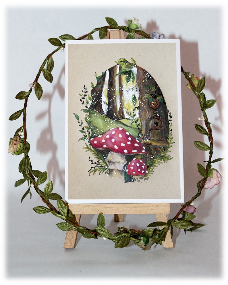 Fairy Red Mushroom Art Print Fly Agaric Fungi Faery Forest Blank Greeting Card Occasion Card Magical Woodland Illustrated Art image 4