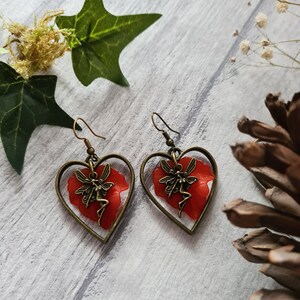 Bronze Fairy Heart Earrings Autumnal Leaves Woodland Forest Jewellery Drop Dangle Earrings Magical Jewellery Handmade Autumn Gift RED