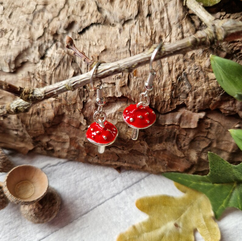 Red Agaric Mushroom Silver Earrings 3D Woodland Jewellery Wild Fungi Fungus Metal Forest Charm Nature Lover Autumnal Gift image 4