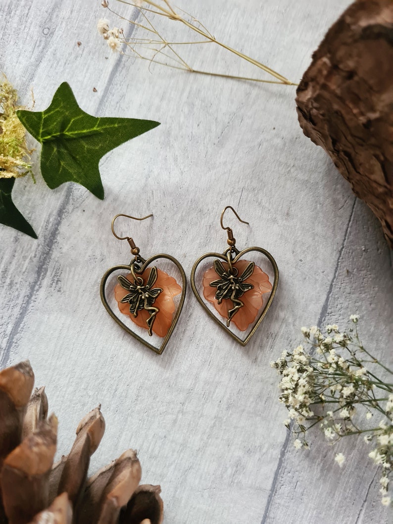 Bronze Fairy Heart Earrings Autumnal Leaves Woodland Forest Jewellery Drop Dangle Earrings Magical Jewellery Handmade Autumn Gift BROWN