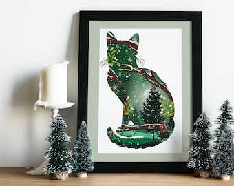 Cat Winter Tree Print - Forest Silhouette Art - Kitty Feline Lover - Blank Greeting Cards - Wall Decor - Woodland Trees Illustration