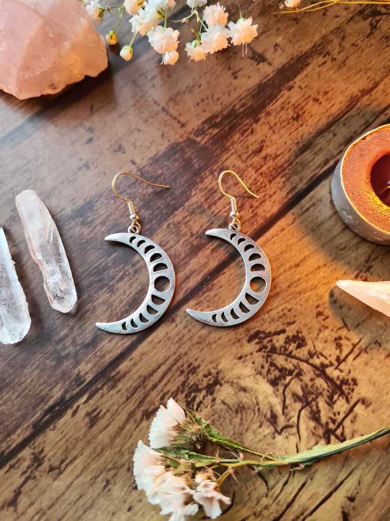 Lunar Moon Phases Goddess Silver Earrings Opalite Crystal Jewellery Crescent Waxing Waning Luna Pagan Wiccan Faery Moon Child LUNAR NO BEADS