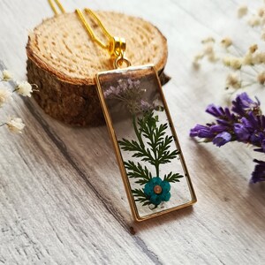 Botanical Resin Dried Flower Pendant Crescent Moon Shaped Buttercup Pressed Floral Necklace Nature woodland Bronze Silver Gold image 5