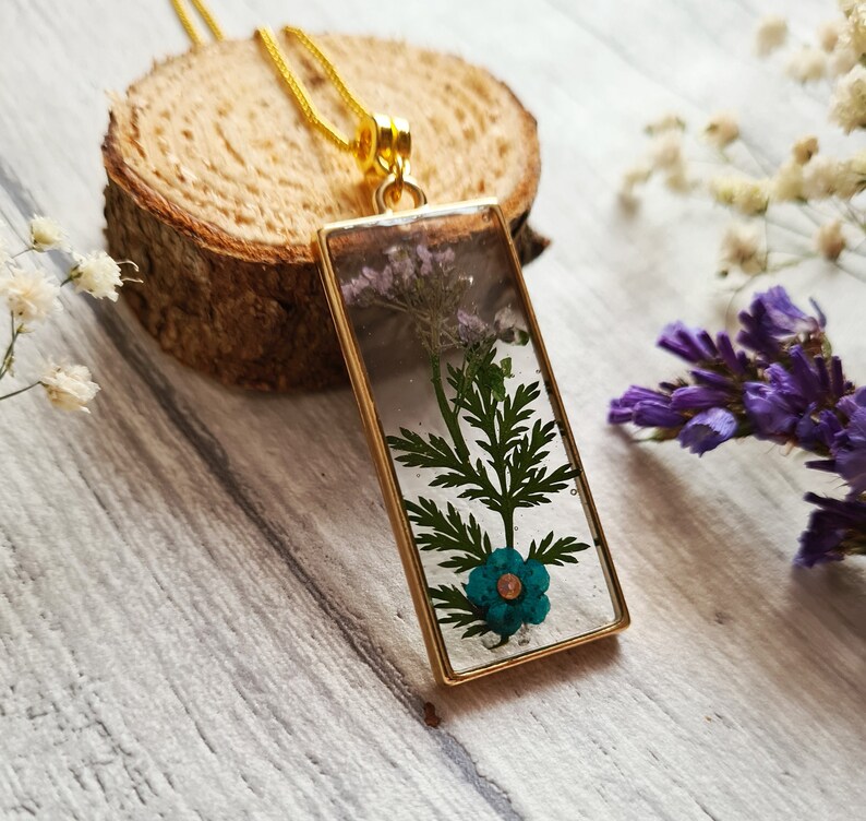 Botanical Resin Dried Flower Pendant Crescent Moon Shaped Buttercup Pressed Floral Necklace Nature woodland Bronze Silver Gold image 5