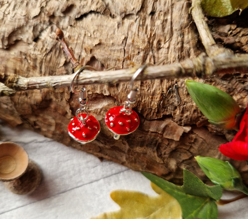 Red Agaric Mushroom Silver Earrings 3D Woodland Jewellery Wild Fungi Fungus Metal Forest Charm Nature Lover Autumnal Gift image 7