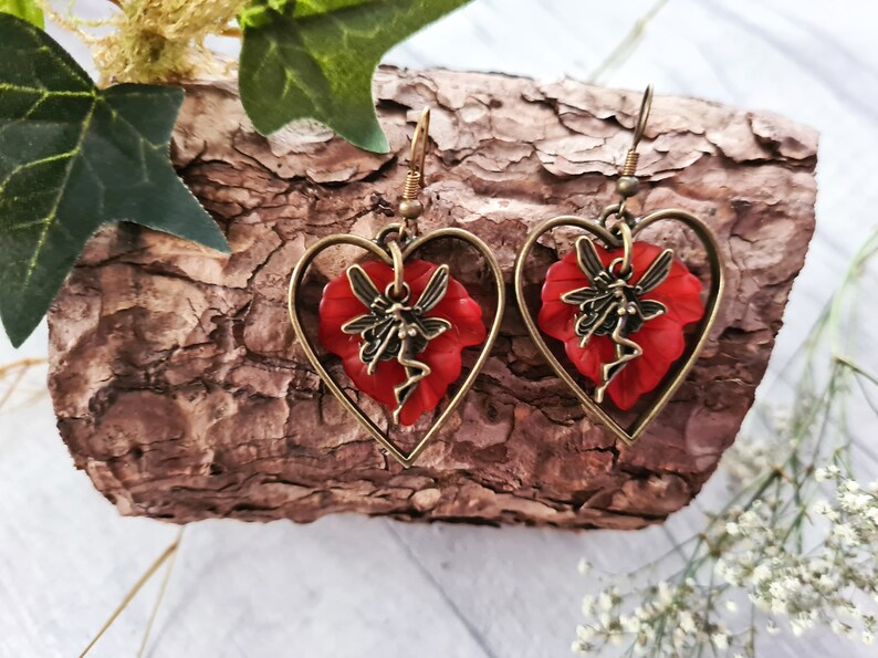 Bronze Fairy Heart Earrings Autumnal Leaves Woodland Forest Jewellery Drop Dangle Earrings Magical Jewellery Handmade Autumn Gift image 5