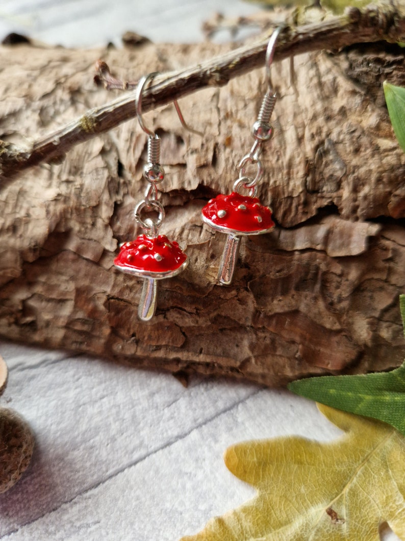 Red Agaric Mushroom Silver Earrings 3D Woodland Jewellery Wild Fungi Fungus Metal Forest Charm Nature Lover Autumnal Gift image 3