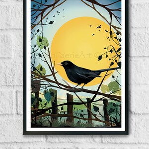 Blackbird Nature Art Print Bird Song Chorus Garden Wildlife Wall Decor Sun Symbolism Illustration Unframed Digital Drawing Poster image 6