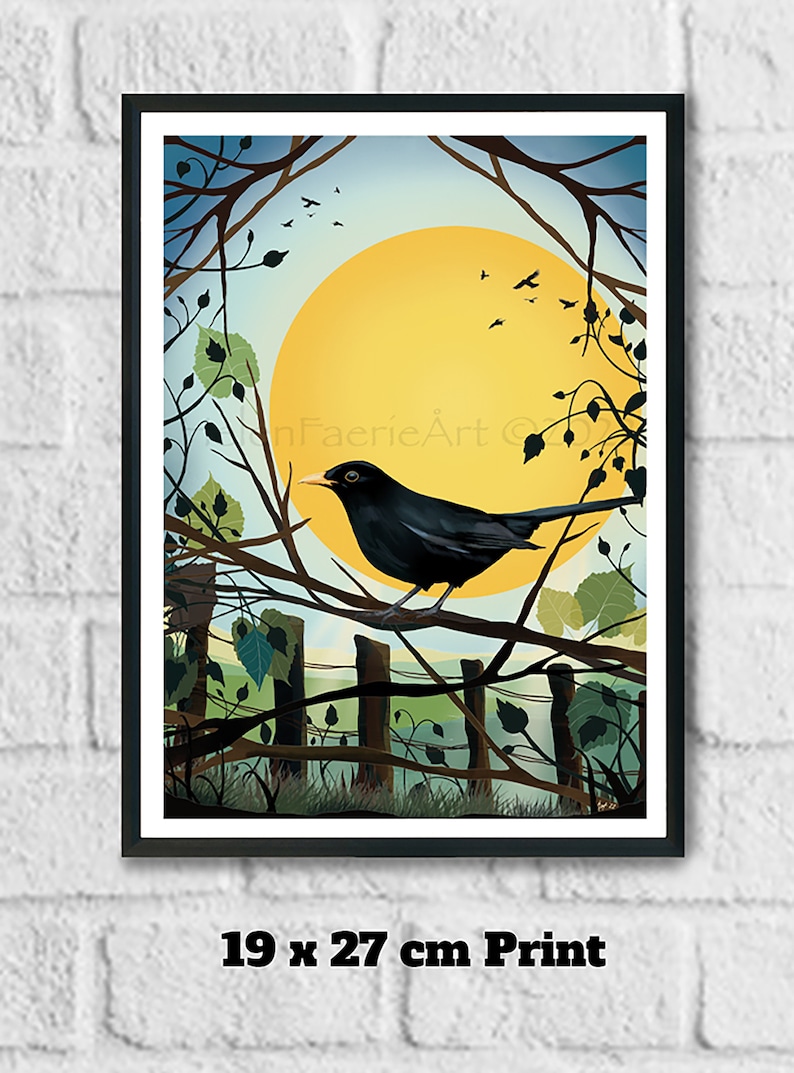 Blackbird Nature Art Print Bird Song Chorus Garden Wildlife Wall Decor Sun Symbolism Illustration Unframed Digital Drawing Poster image 6