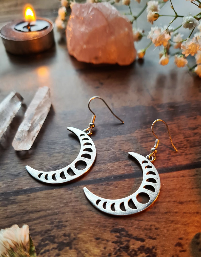 Lunar Moon Phases Goddess Silver Earrings Opalite Crystal Jewellery Crescent Waxing Waning Luna Pagan Wiccan Faery Moon Child image 10