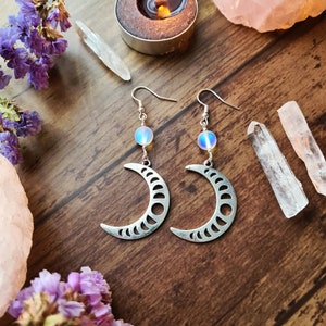 Lunar Moon Phases Goddess Silver Earrings Opalite Crystal Jewellery Crescent Waxing Waning Luna Pagan Wiccan Faery Moon Child LUNAR WITH BEADS