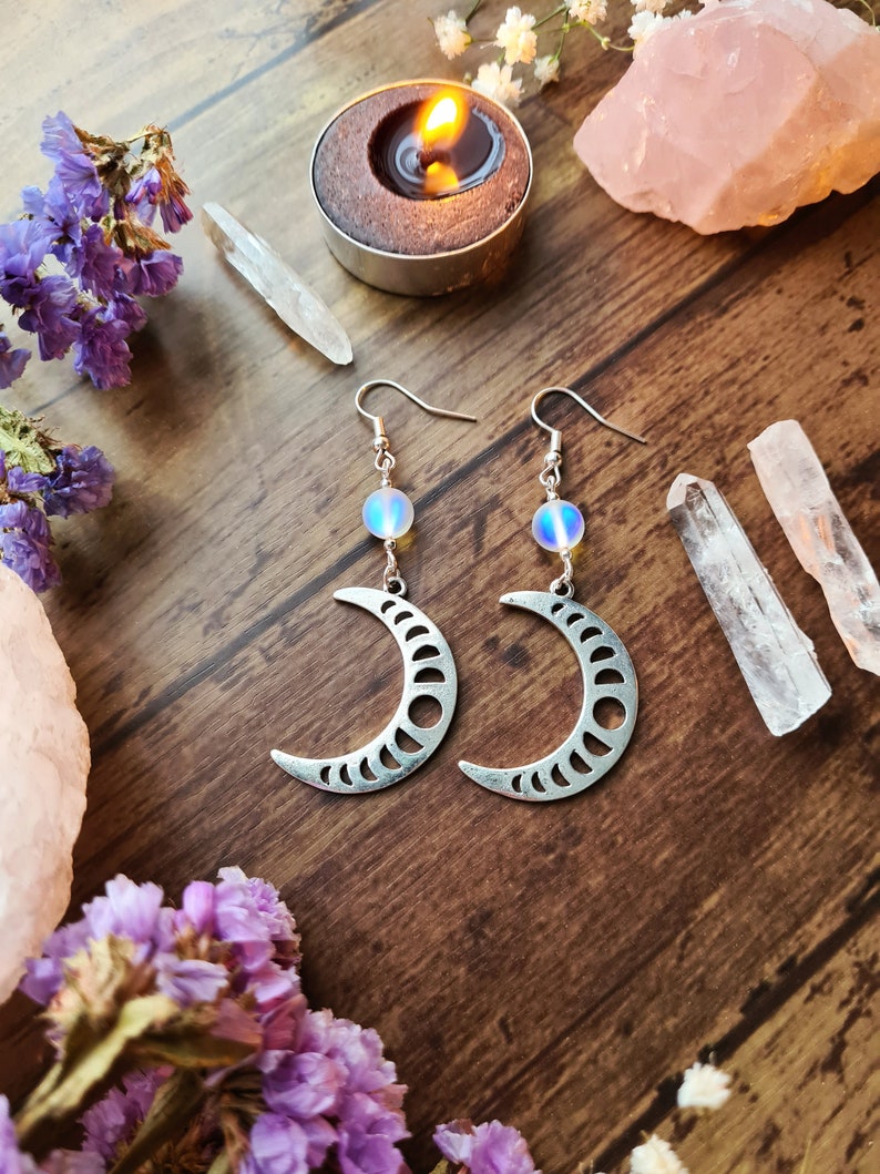 Lunar Moon Phases Goddess Silver Earrings Opalite Crystal Jewellery Crescent Waxing Waning Luna Pagan Wiccan Faery Moon Child LUNAR WITH BEADS