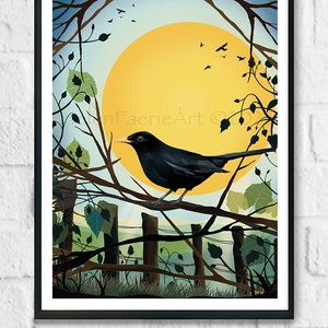 Blackbird Nature Art Print Bird Song Chorus Garden Wildlife Wall Decor Sun Symbolism Illustration Unframed Digital Drawing Poster image 7