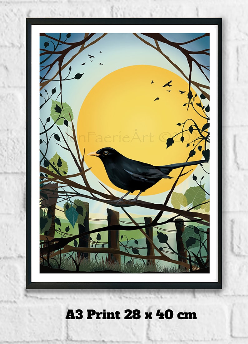 Blackbird Nature Art Print Bird Song Chorus Garden Wildlife Wall Decor Sun Symbolism Illustration Unframed Digital Drawing Poster image 7