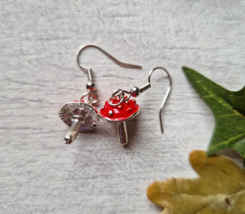 Red Agaric Mushroom Silver Earrings 3D Woodland Jewellery Wild Fungi Fungus Metal Forest Charm Nature Lover Autumnal Gift image 6
