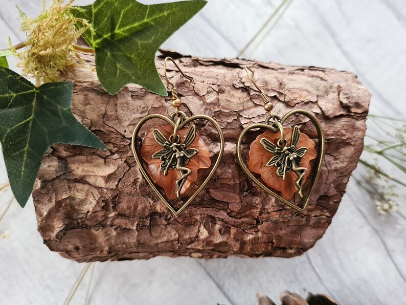 Bronze Fairy Heart Earrings Autumnal Leaves Woodland Forest Jewellery Drop Dangle Earrings Magical Jewellery Handmade Autumn Gift image 7