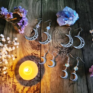 Lunar Moon Phases Goddess Silver Earrings Opalite Crystal Jewellery Crescent Waxing Waning Luna Pagan Wiccan Faery Moon Child image 6