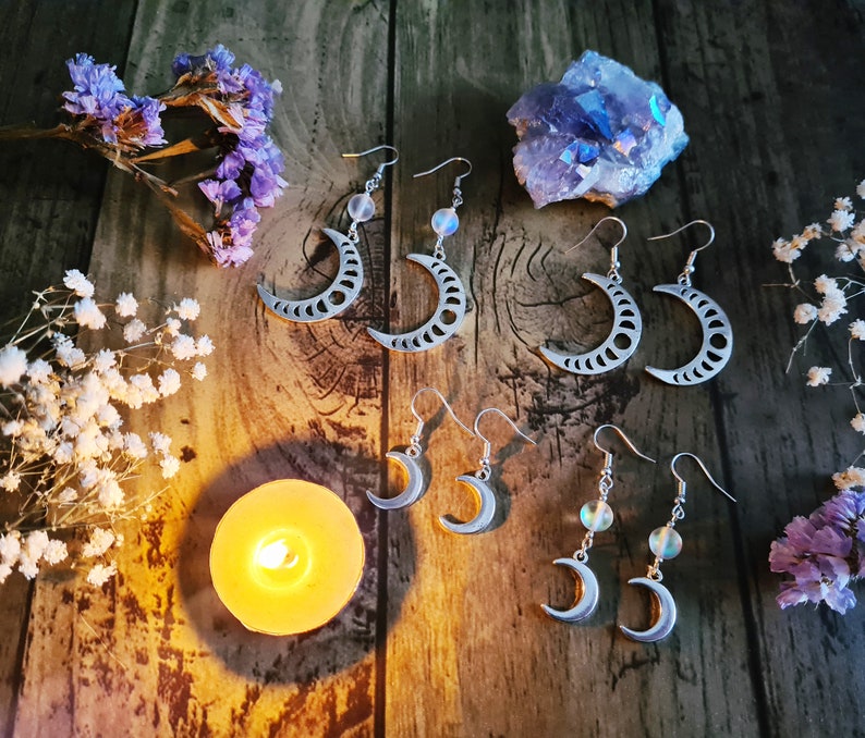 Lunar Moon Phases Goddess Silver Earrings Opalite Crystal Jewellery Crescent Waxing Waning Luna Pagan Wiccan Faery Moon Child image 6