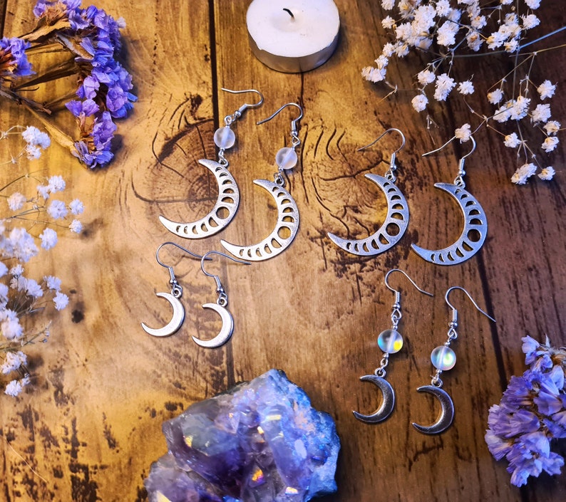 Lunar Moon Phases Goddess Silver Earrings Opalite Crystal Jewellery Crescent Waxing Waning Luna Pagan Wiccan Faery Moon Child image 1