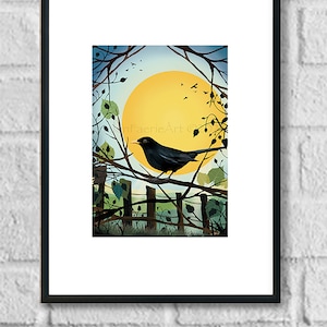 Blackbird Nature Art Print Bird Song Chorus Garden Wildlife Wall Decor Sun Symbolism Illustration Unframed Digital Drawing Poster image 5