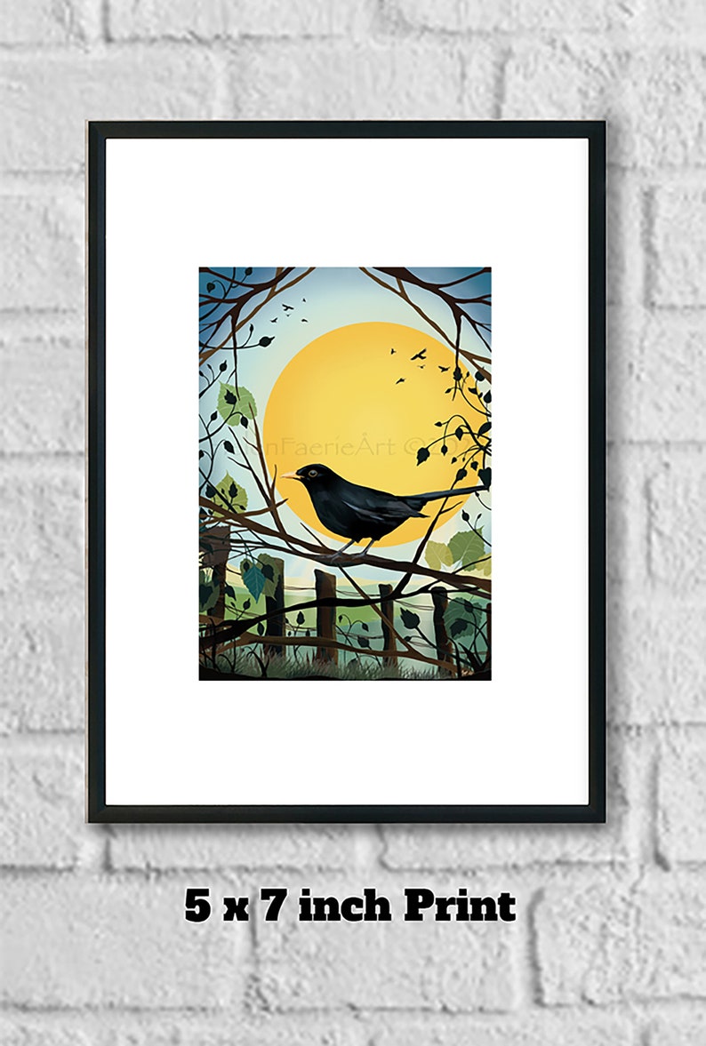 Blackbird Nature Art Print Bird Song Chorus Garden Wildlife Wall Decor Sun Symbolism Illustration Unframed Digital Drawing Poster image 5