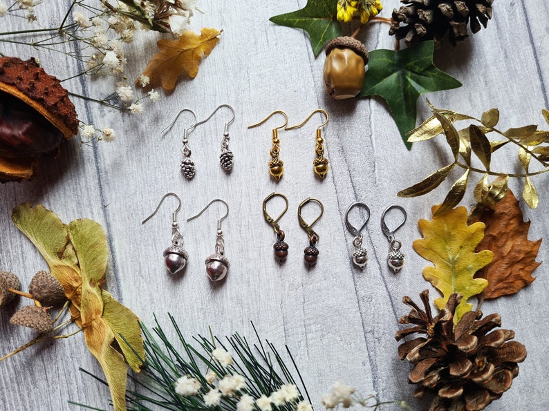 Acorn Woodland Drop Earrings English Oak Tree Pine Cones Bronze Jewellery Forest Magical Lover Celtic Symbols British Trees Love image 1