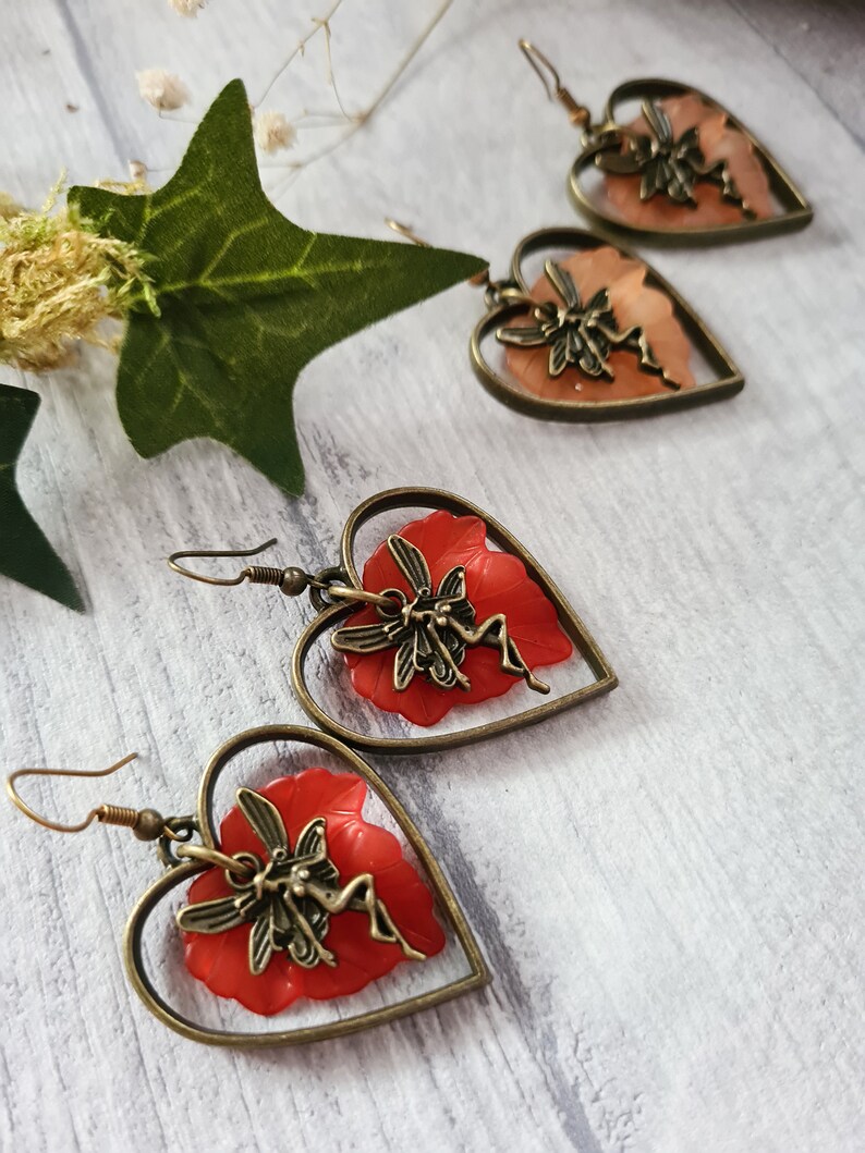 Bronze Fairy Heart Earrings Autumnal Leaves Woodland Forest Jewellery Drop Dangle Earrings Magical Jewellery Handmade Autumn Gift image 3