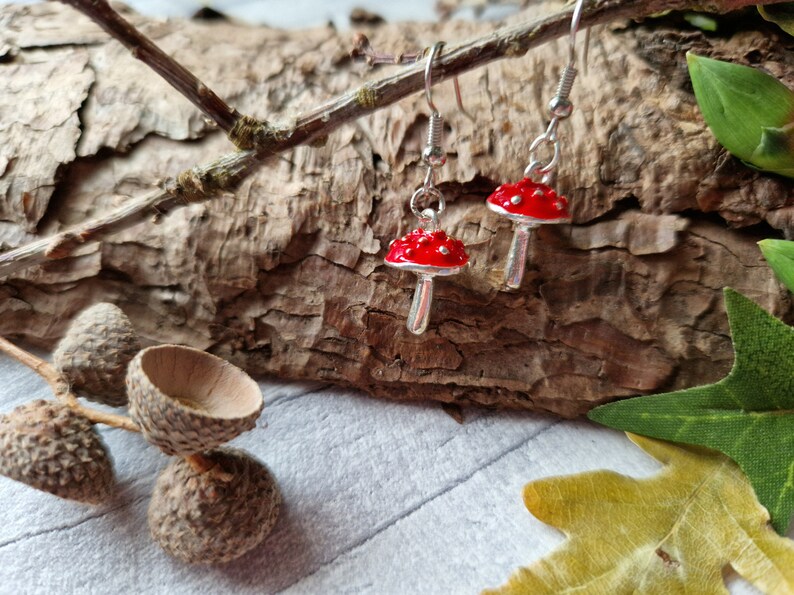 Red Agaric Mushroom Silver Earrings 3D Woodland Jewellery Wild Fungi Fungus Metal Forest Charm Nature Lover Autumnal Gift image 8