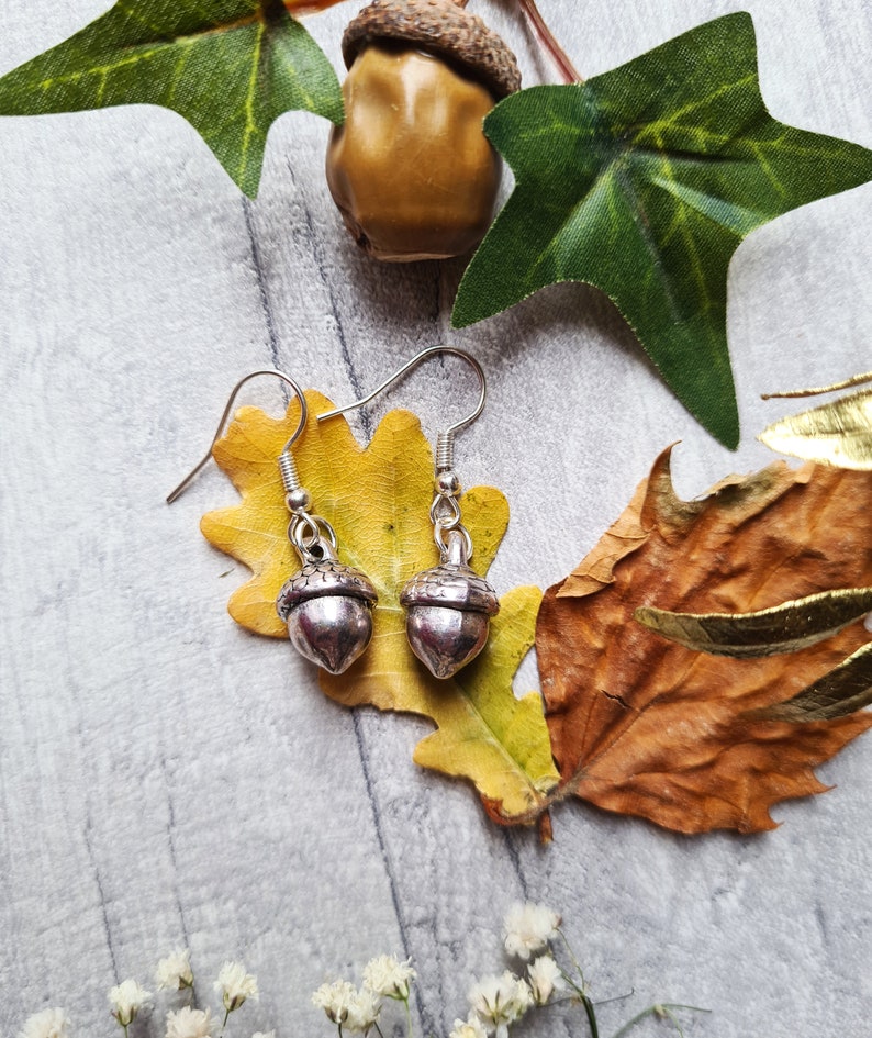 Acorn Woodland Drop Earrings English Oak Tree Pine Cones Bronze Jewellery Forest Magical Lover Celtic Symbols British Trees Love ACORN - SILVER (M)