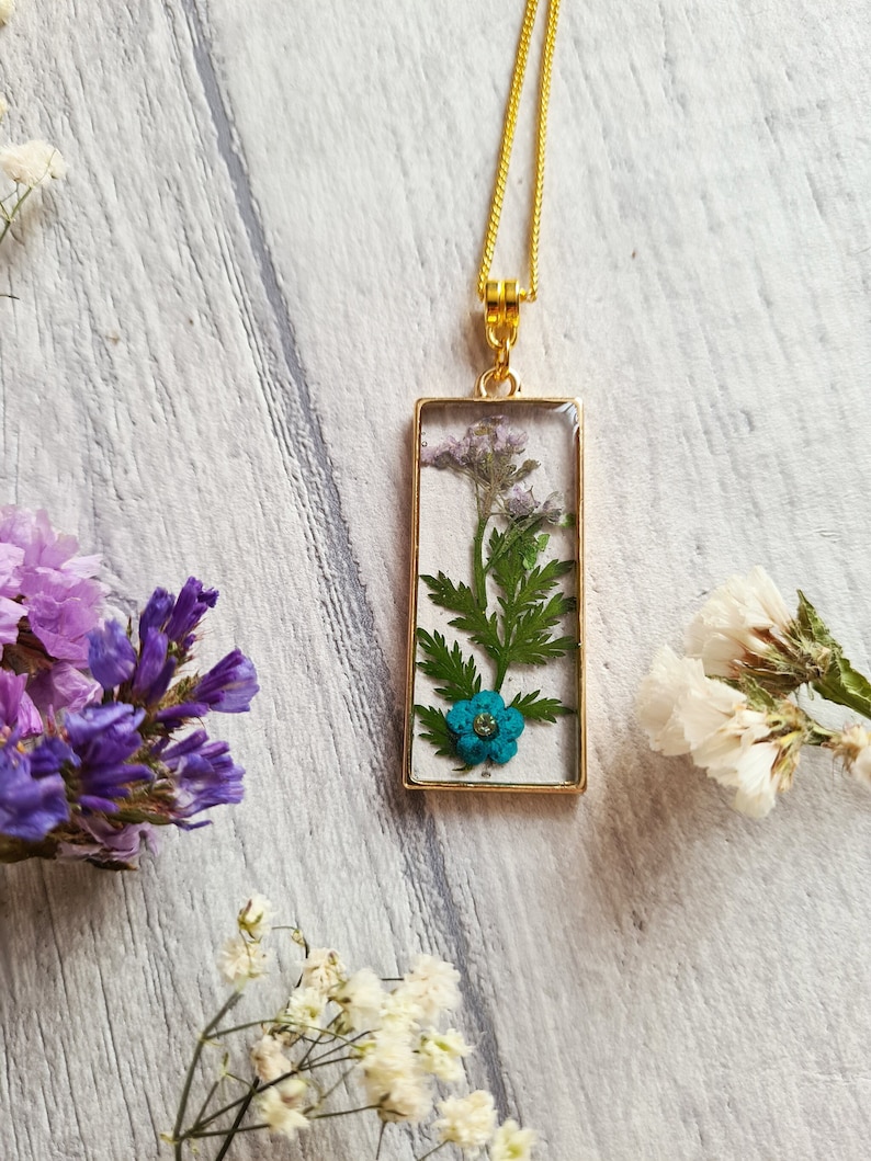Botanical Resin Dried Flower Pendant Crescent Moon Shaped Buttercup Pressed Floral Necklace Nature woodland Bronze Silver Gold GOLD RECTANGLE