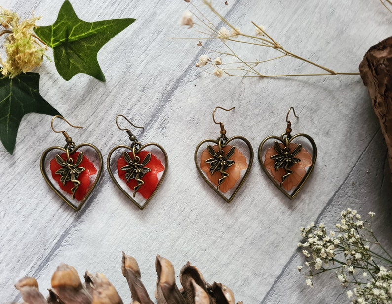 Bronze Fairy Heart Earrings Autumnal Leaves Woodland Forest Jewellery Drop Dangle Earrings Magical Jewellery Handmade Autumn Gift image 2